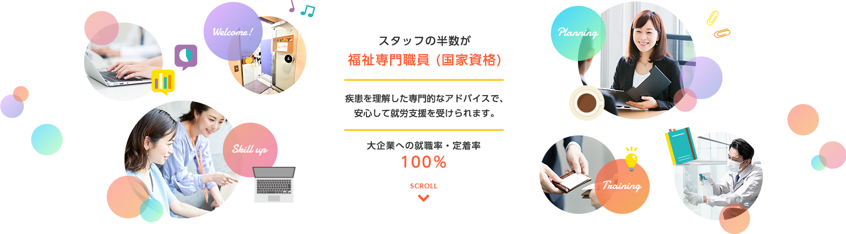 スタッフの半数が福祉専門職員（国家資格）。疾患を理解した専門的なアドバイスで、安心して就労支援を受けられます。【大企業への就職率・定着率100％】